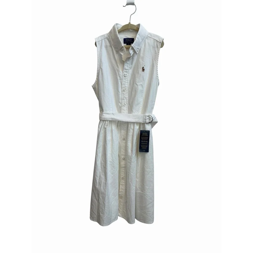 Ralph Lauren Girls Belted Cotton Oxford Shirtdress Sz 12 White Polo Dress NEW